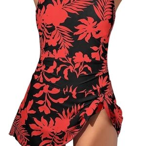 Aidonger 1 Piece Swim Dress Swimsuits for Women TummyRed Floral Black Swimsuit